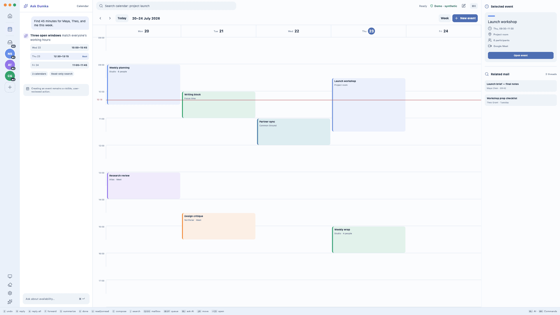 Dumka Mail calendar workspace with a day schedule, agenda context, and assistant panel