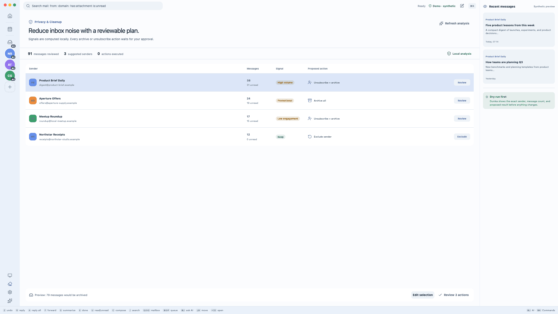 Dumka Mail Privacy & Cleanup workspace showing locally computed sender suggestions