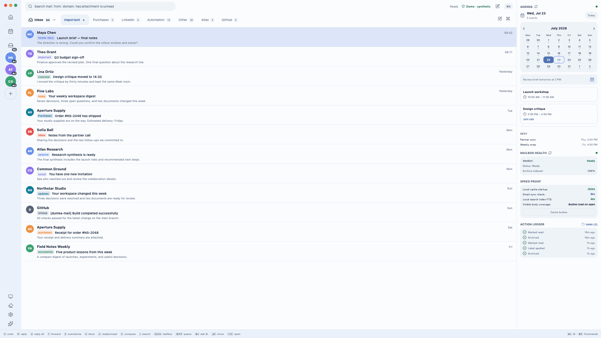 Dumka Mail list-first inbox with split inbox tabs, agenda, mailbox health, and action ledger
