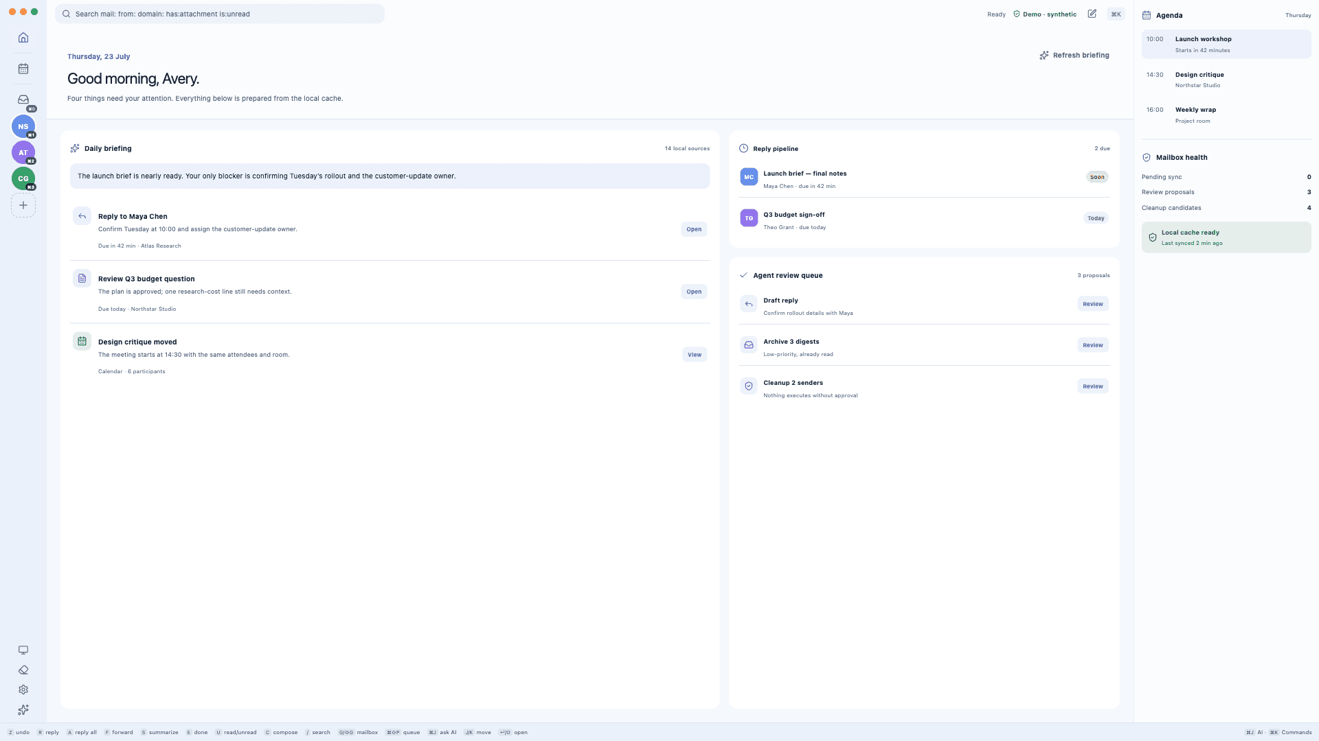 Dumka Mail Today workspace with daily briefing, reply pipeline, review queue, and agenda