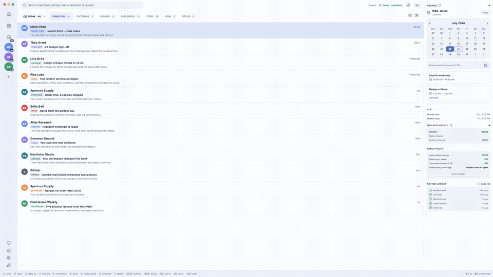 Animated Dumka Mail product tour showing Inbox, Today, Calendar, and Privacy and Cleanup